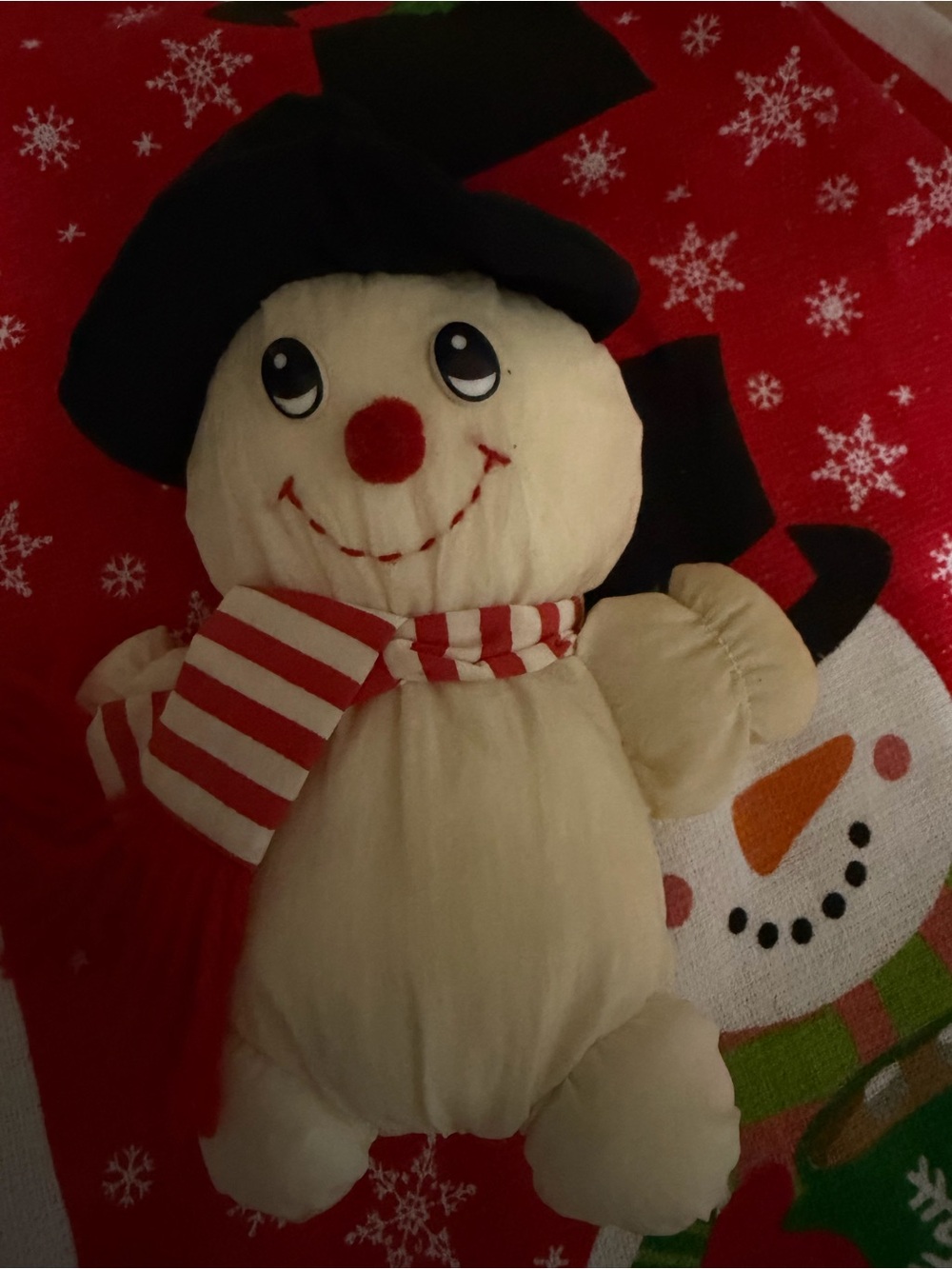 Cream Snowman Plush Holiday Throw Accent with Black Hat and Red-White Scarf